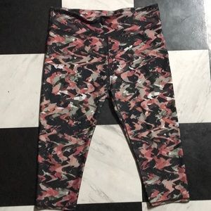 Pink and gray paint splatter print Fabletics workout leggings